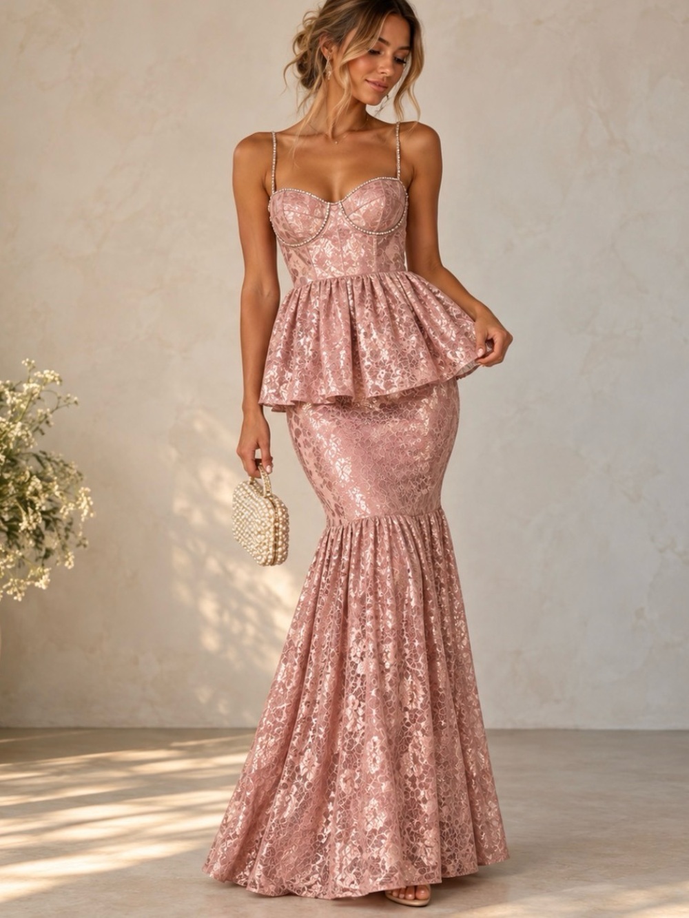 For Love & Lemons Shai Pink Lace Rhinestone Peplum Maxi Dress Size M